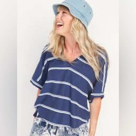 ☀️ Old Navy Short Sleeve Striped Slub Knit Terry Hoodie Size XL - Picture 1 of 11